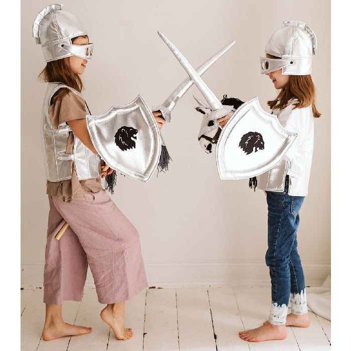 Girls dressed as knights with shield and lances